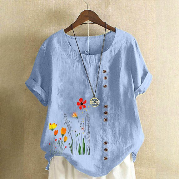 Pincandy Women Fashion Casual Linen Top Printed Short Sleeve Button T-shirt Blouse Top,Light Blue,5XL