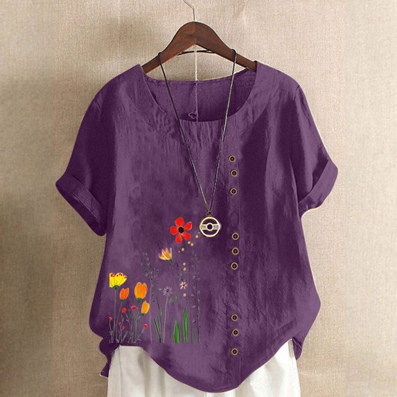 Pincandy Women Fashion Casual Linen Top Printed Short Sleeve Button T-shirt Blouse Top,Purple,5XL