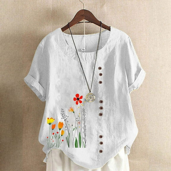 Pincandy Women Fashion Casual Linen Top Printed Short Sleeve Button T-shirt Blouse Top,White,L