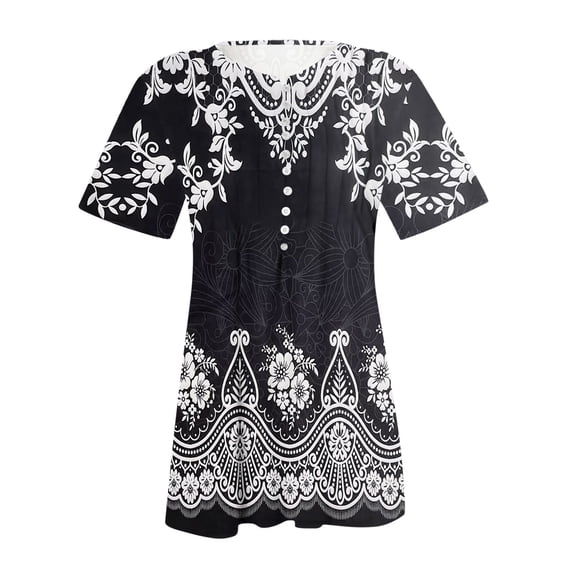Pincandy Women Fashion Casual Printing Short Sleeve Loose Tee Top Tunic Blouse Scoop Neck Short Sleeve Shirts Dressy Casual Cute Summer Tops Trendy Layering Tee Shirts,Navy,S