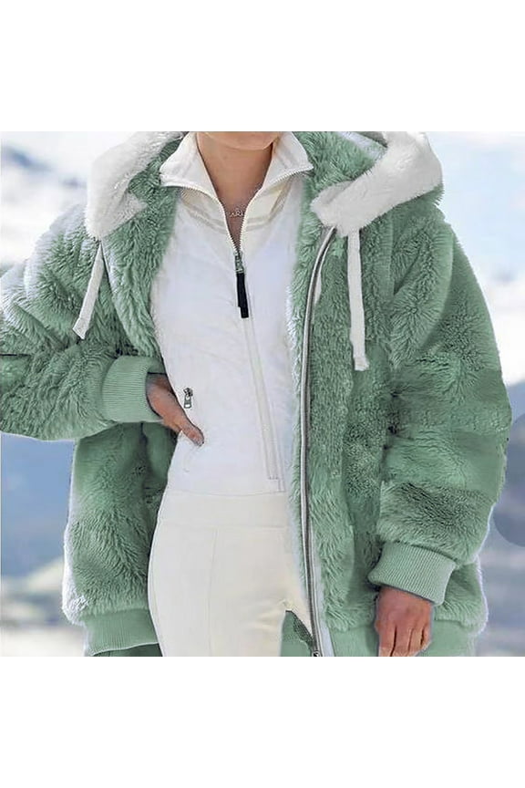 Women Fashion Color Block Faux Shearling Coat Warm Hooded Zip Up Fuzzy Winter Jacket with Pockets