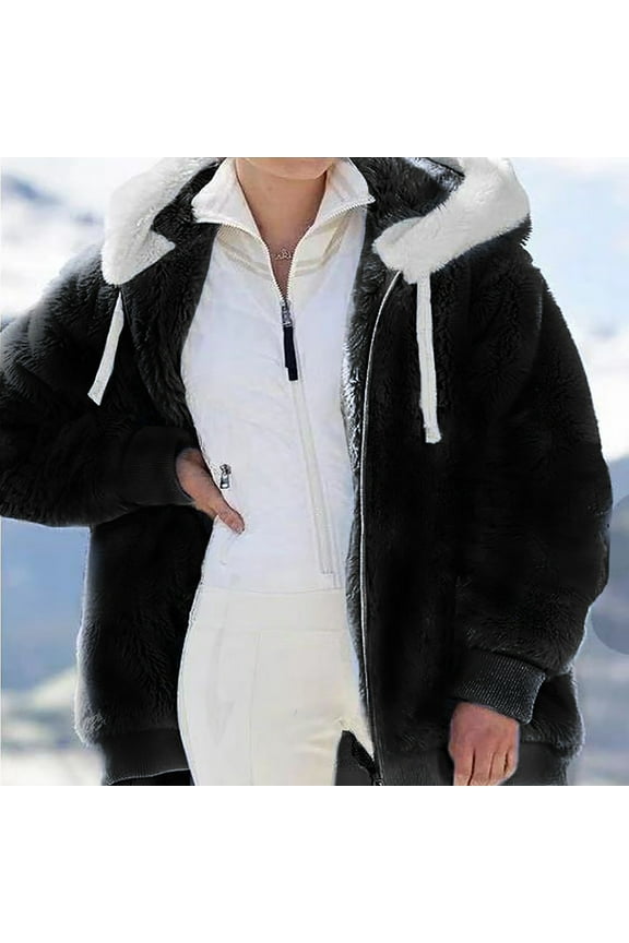 Women Fashion Color Block Faux Shearling Coat Warm Hooded Zip Up Fuzzy Winter Jacket with Pockets