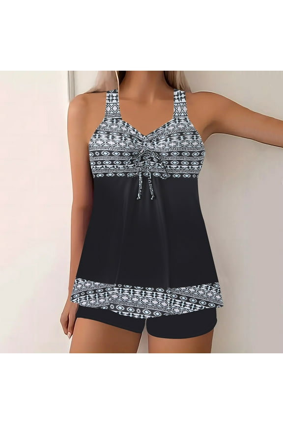 Women Fashion Plus Size Printed Modest Two Piece Bikini Set Wireless Padded Bathing Suit for Beach Holiday Pool Leisure Activities