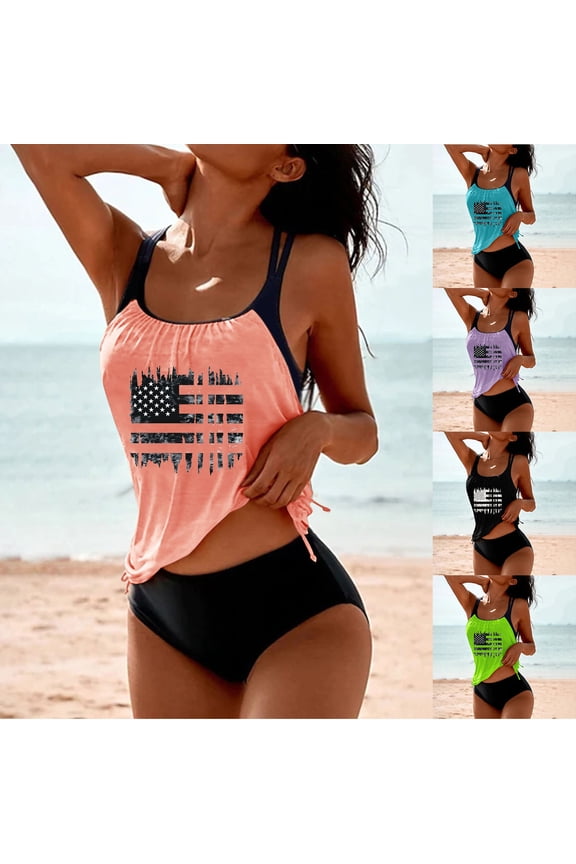 Women Fashion Printed Two Piece Tankini Set Wireless Padded Loose Drawstring Modest Bathing Suit for Summer Beach Pool Party Vacation Outfit