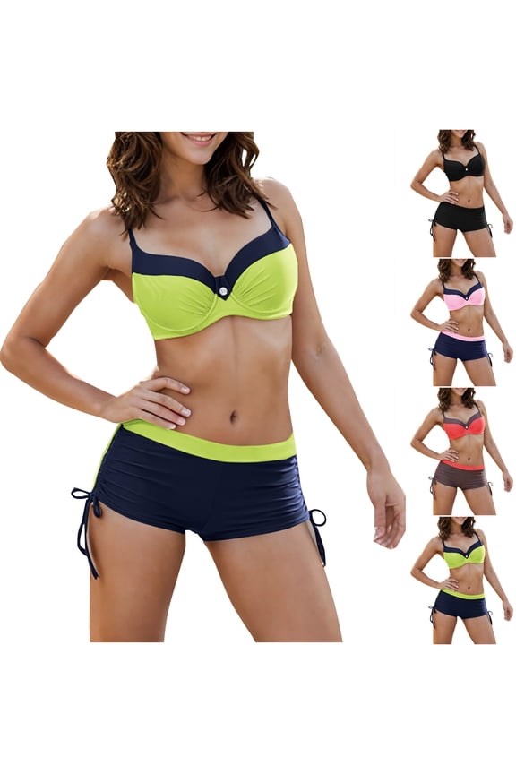 Women Fashion Two Piece Bikini Set with Boyshorts Wireless Padded Solid Sporty Bathing Suit for Beach Pool Party Leisure Wear