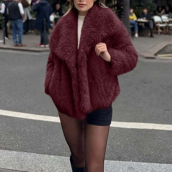 Pincandy Women Faux Fur Coat Long Sleeve Lapel Open Front Shaggy Furry Jacket Warm Fluffy Short Outwear