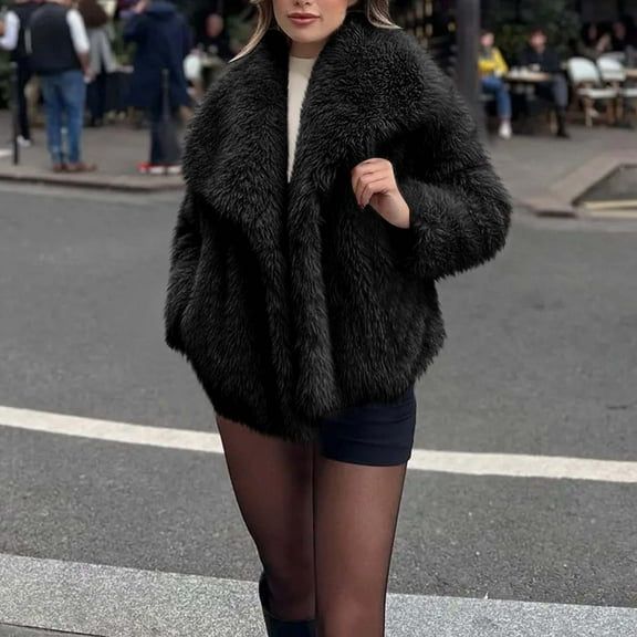Pincandy Women Faux Fur Coat Long Sleeve Lapel Open Front Shaggy Furry Jacket Warm Fluffy Short Outwear