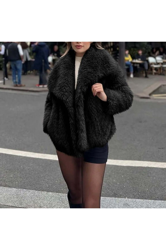 Women Faux Fur Coat Long Sleeve Lapel Open Front Shaggy Furry Jacket Warm Fluffy Short Outwear