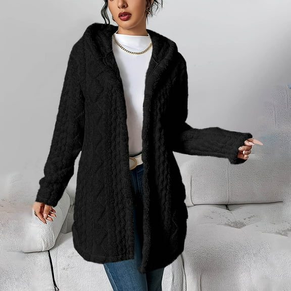 Pincandy Women Fleece Jacket Coat Button Up Sherpa Jacket with Hood Y2K Side Split Open Front Cardigan Coat Warm Winter Coats
