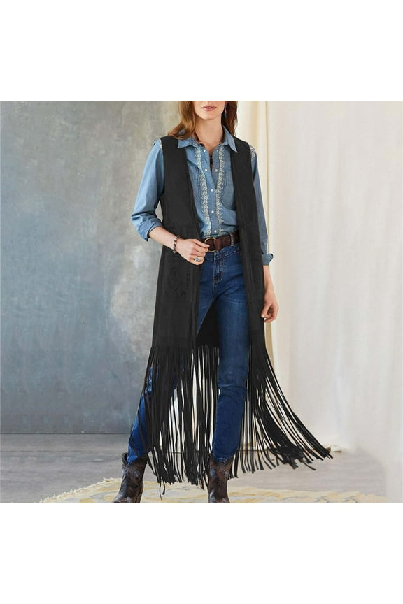 Women Fringe Tassel Vest 70s Vintage Western Cowgirl Long Waistcoat Faux Suede Sleeveless Jacket Shacket Fall Outwear