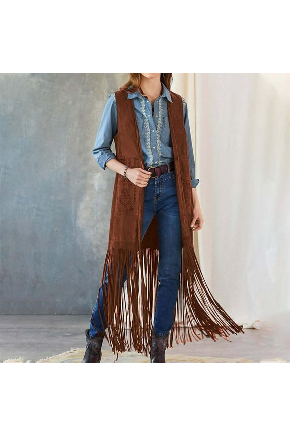 Women Fringe Tassel Vest 70s Vintage Western Cowgirl Long Waistcoat Faux Suede Sleeveless Jacket Shacket Fall Outwear