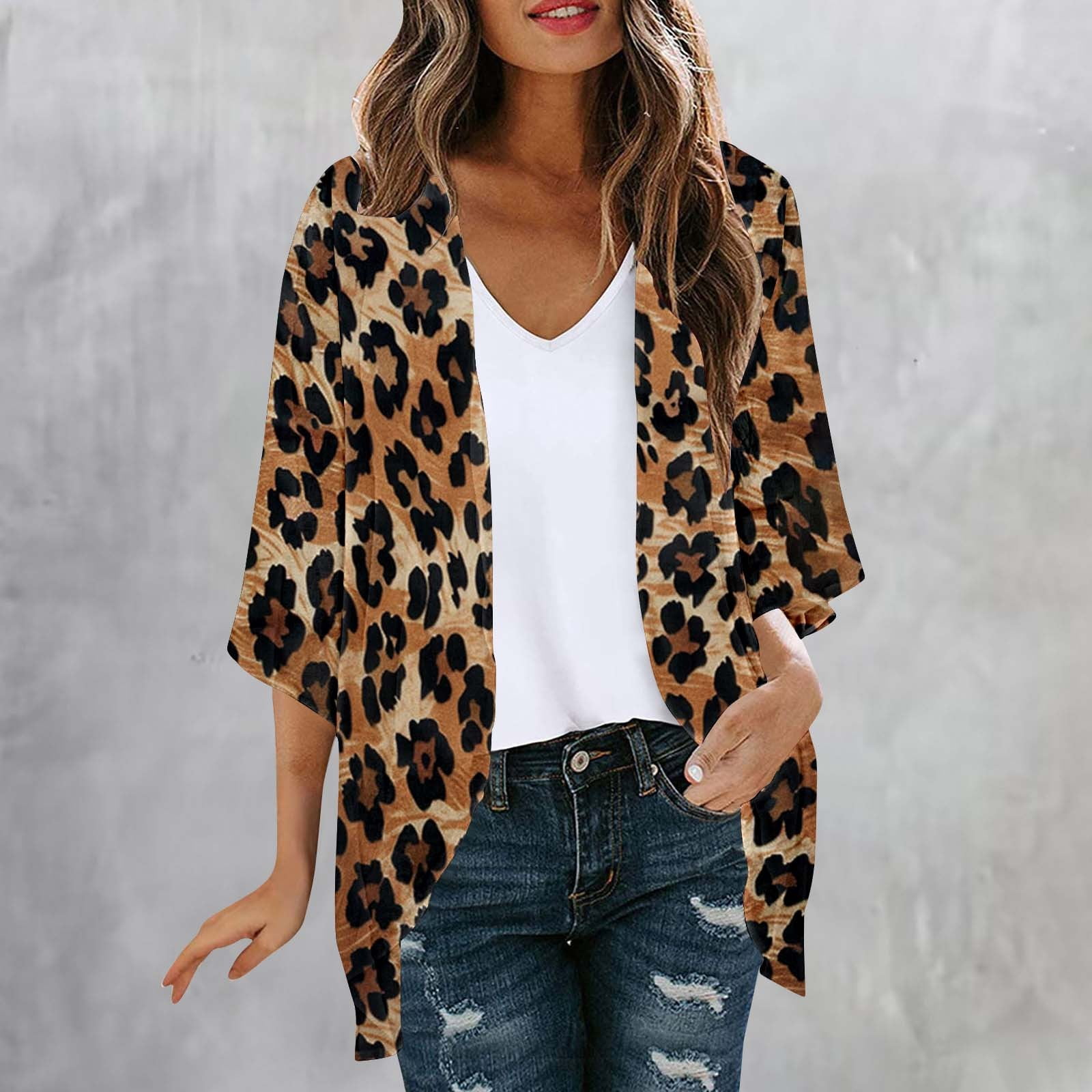 Pincandy Women Leopard print Lightweight Chiffon Kimono Cardigan