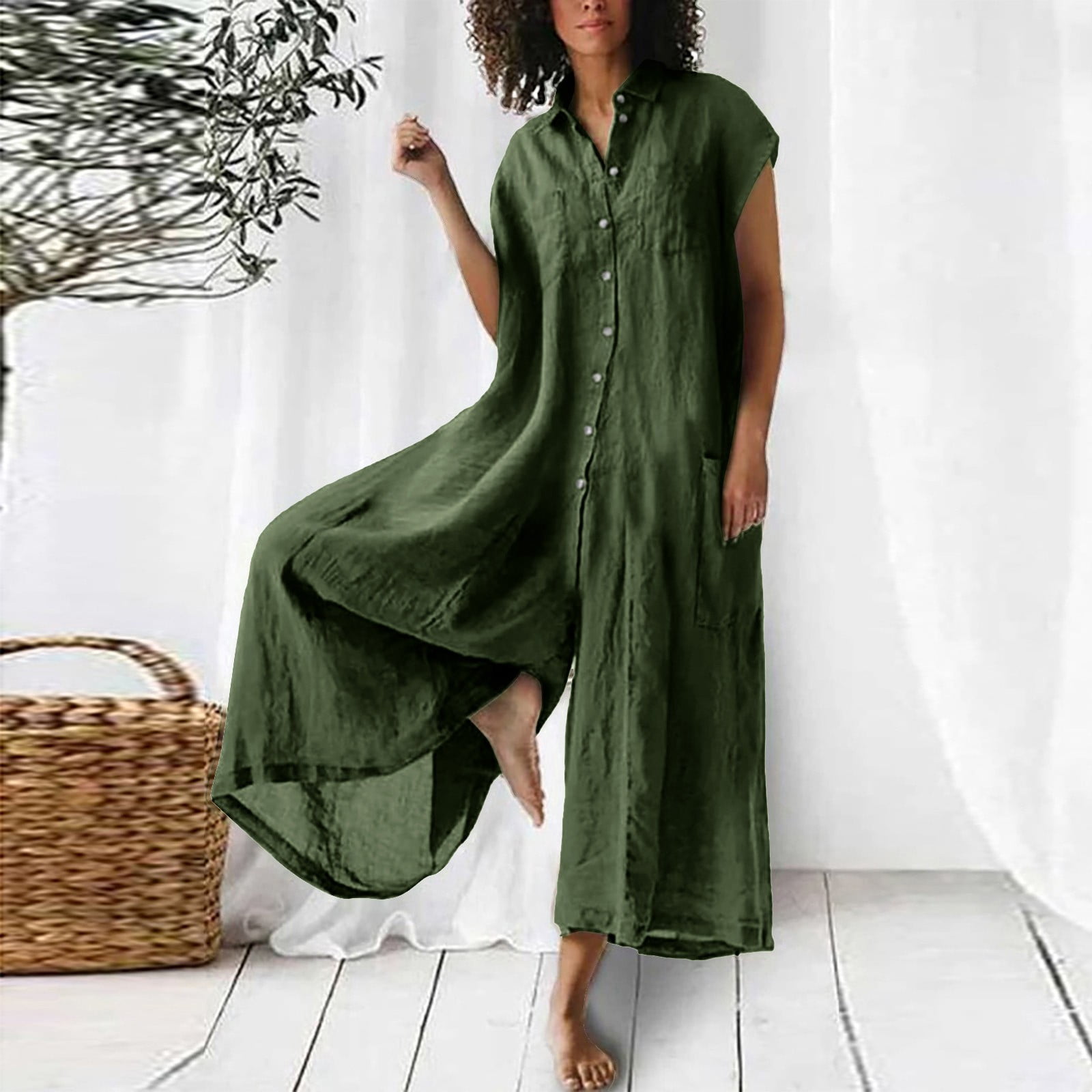 Pincandy Women Linen Button Down Long Sleeve Wide Leg Jumpsuit Beach ...