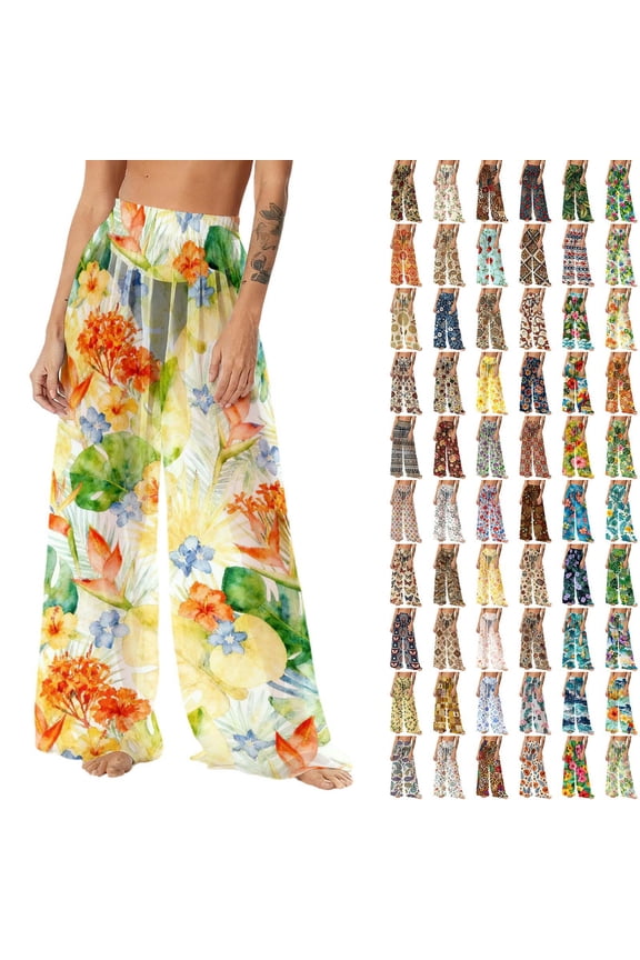 Women Mesh Boho Beach Pants See Through Sheer Swimsuit Bikini Bottom Cover up Party Elastic High Waist Wide Leg Pants