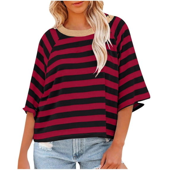 Pincandy Women Oversized Striped Color Block Short Sleeve Crew Neck T-Shirts Casual Loose Pullover Tops Summer Tee Shirt