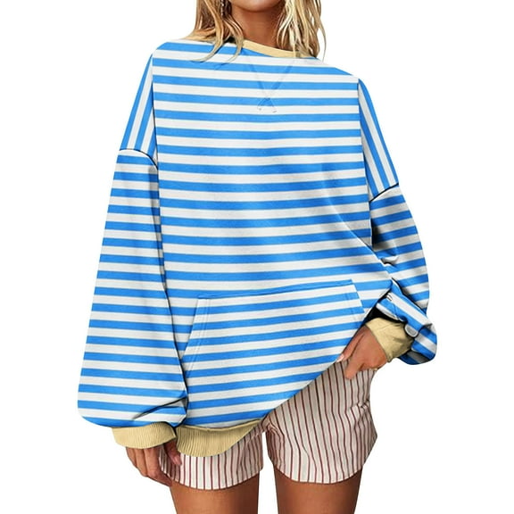 Pincandy Women Oversized Striped Crewneck Sweatshirt Long Sleeve Color Block Pullover Tops Casual Loose Workout Shirt