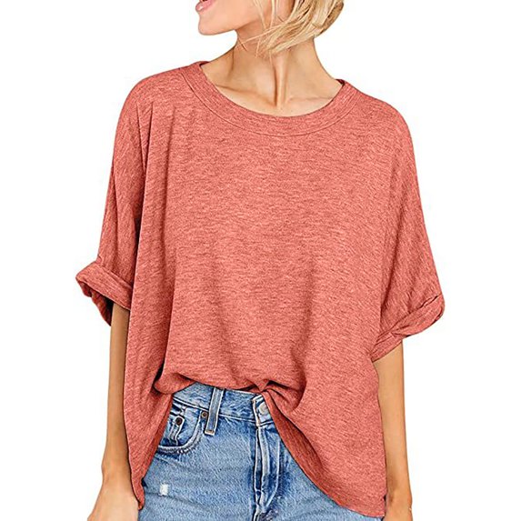 Pincandy Women Oversized T-Shirt Summer Casual Loose Fit 5/4 Sleeve Short Sleeve Solid Macaron Color Loose Tee Tops,Orange,S