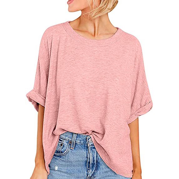 Pincandy Women Oversized T-Shirt Summer Casual Loose Fit 5/4 Sleeve Short Sleeve Solid Macaron Color Loose Tee Tops,Pink,XL