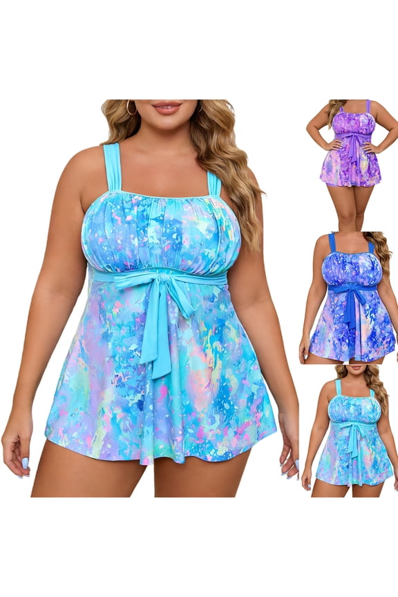 Women Plus Size Fashion Printed Spaghetti Strap Two Piece Swimsuit Set with Boyshorts Wireless Padded Bathing Suit