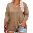 thumbnail image 1 of Pincandy Women Plus Size Neck 3/4 Sleeve Casual Tshirts Loose Basic Tunic Tees Shirts Dressy Casual Henley V-Neck Summer Tops Pleated T-Shirts Loose Fit Tunic Blouses,Khaki,L, 1 of 7