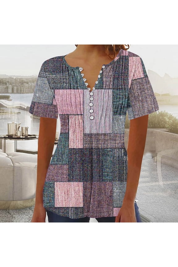 Women'S T-Shirts Button Down Tunic Tops Short Sleeve Floral Blouse Henley V Neck Summer Clothes