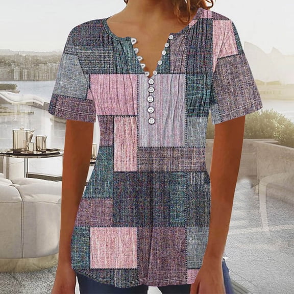 Pincandy Women'S T-Shirts Button Down Tunic Tops Short Sleeve Floral Blouse Henley V Neck Summer Clothes