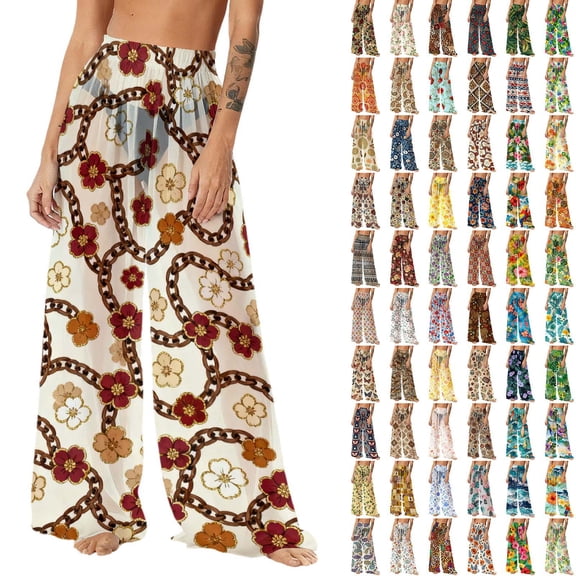 Pincandy Women See Through Sheer Mesh Pants Beach Swimsuit Bikini Bottom Cover up Party Club Elastic High Waist Wide Leg Pants
