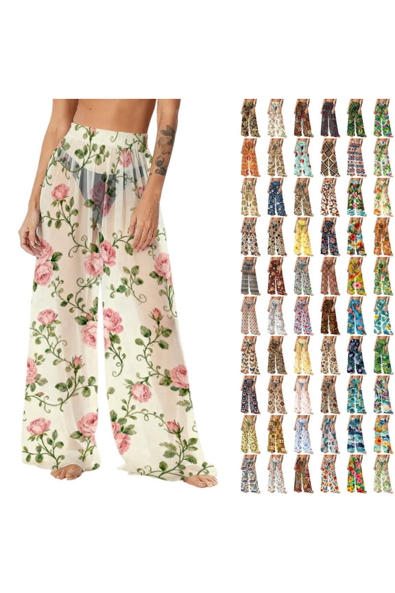 Women See Through Sheer Mesh Pants Beach Swimsuit Bikini Bottom Cover up Party Club Elastic High Waist Wide Leg Pants