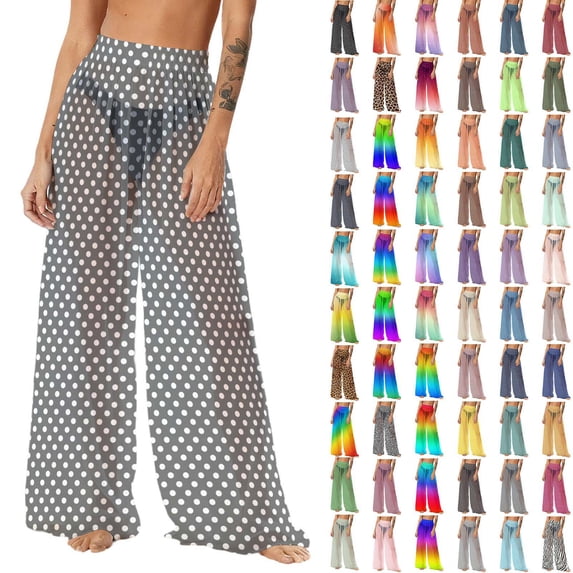 Pincandy Women See Through Sheer Mesh Pants Beach Swimsuit Bikini Bottom Cover up Party Club Elastic High Waist Wide Leg Pants