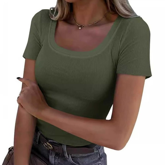 Pincandy Women Short Sleeve Tops Scoop Neck Ribbed Knit Slim Fitted Basic Tee Shirts 2025 Casual Summer Trendy Clothes