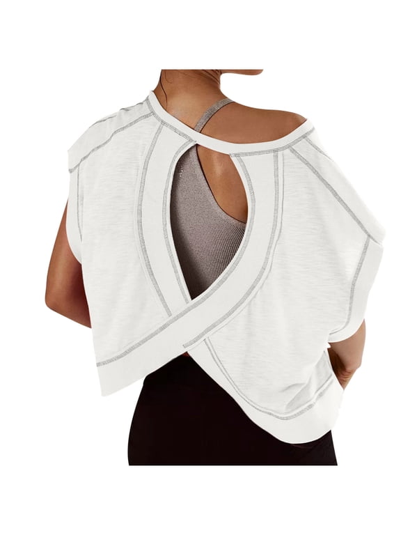 Women Short Sleeve Workout Shirts Open Back Tops Casual Yoga Athletic Gym Slouchy Crop Running Solid Color Tees,White,L