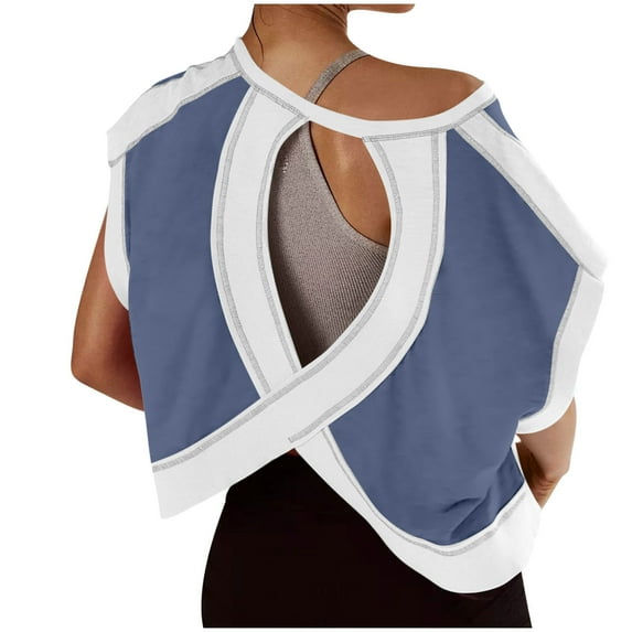 Pincandy Women Short Sleeve Workout Shirts Open Back Tops Casual Yoga Athletic Gym Slouchy Crop Running Solid Color Tees