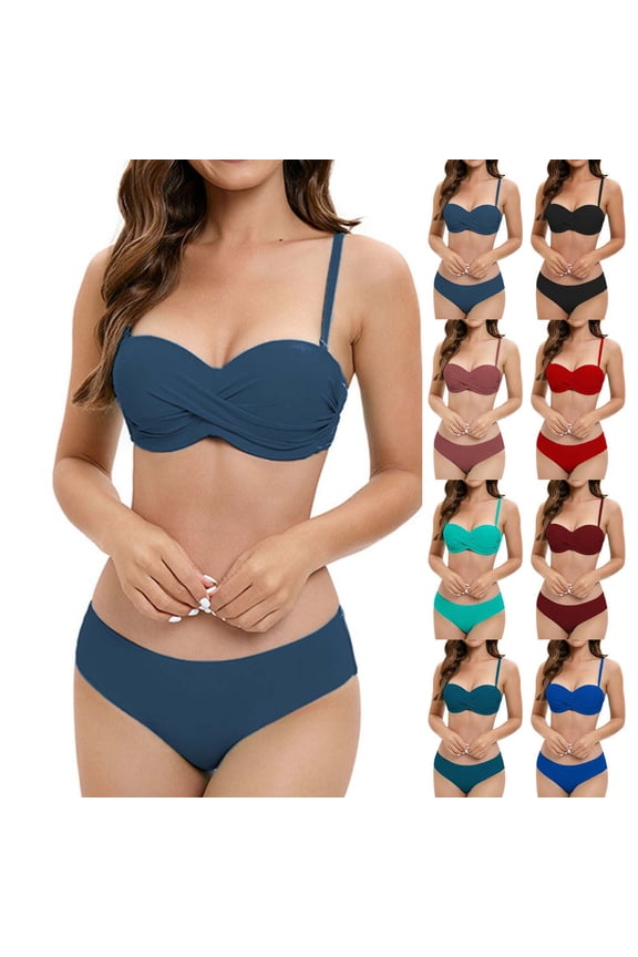 Women Solid Color Backless Two Piece Bikini Set Wireless Padded Cheeky Bottoms Bathing Suit for Beach Holiday Pool Leisure Activities