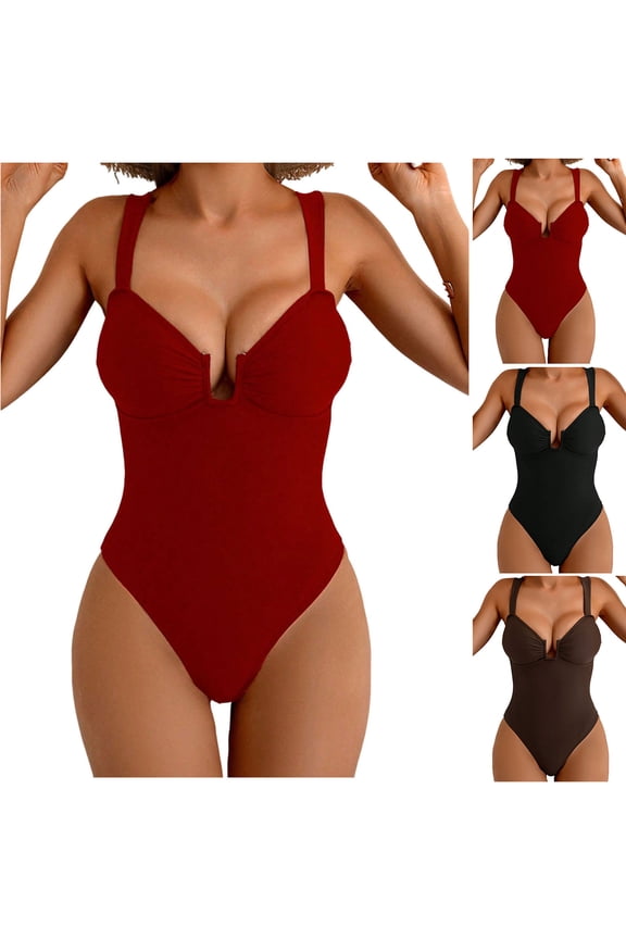 Women Solid Color Tummy Control Backless One Piece Swimsuit Wireless Padded Flattering Slim Fit Bathing Suit for Beach Getaways