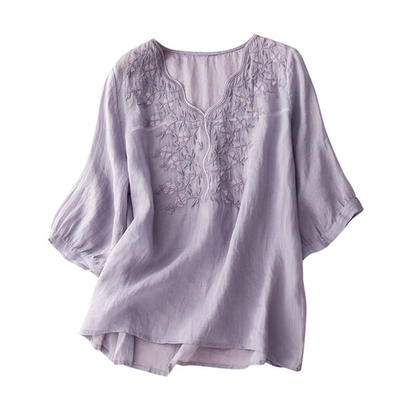 Pincandy Women Spring Summer and Linen Loose New Half-sleeve Blouse Pullover Floral Embroidery Linen Shirts 3/4 Sleeve Round Neck Babydoll Tops Blouses,Purple,XL