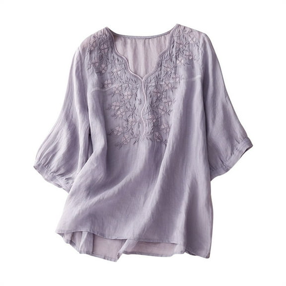 Pincandy Women Spring Summer and Linen Loose New Half-sleeve Blouse Pullover Floral Embroidery Linen Shirts 3/4 Sleeve Round Neck Babydoll Tops Blouses,Purple,L