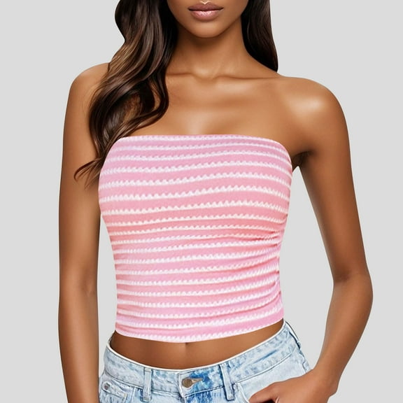 Pincandy Women Strapless Striped Bandeau Tube Tops Y2K Aesthetic Sleeveless Backless Crop Tank Going Out Summer Girls