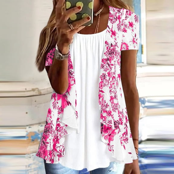 Pincandy Women Summer Plus Size Short Sleeve Tops Fake Two Piece Loose Pleated Layered Blouse Shirt Hide Belly Tunic Tops