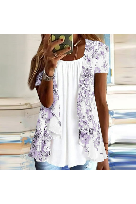 Women Summer Plus Size Short Sleeve Tops Fake Two Piece Loose Pleated Layered Blouse Shirt Hide Belly Tunic Tops