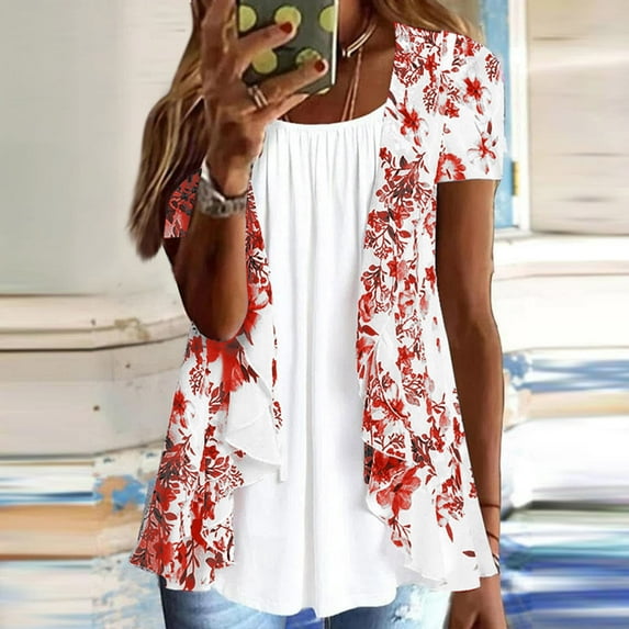 Pincandy Women Summer Plus Size Short Sleeve Tops Fake Two Piece Loose Pleated Layered Blouse Shirt Hide Belly Tunic Tops