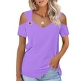 thumbnail image 1 of Pincandy Women Summer Sexy T- Shirt Cold Shoulder Pullover Cold Shoulder Tops Short Sleeve V Neck T Shirts Basic Summer Tees,Purple,XL, 1 of 8