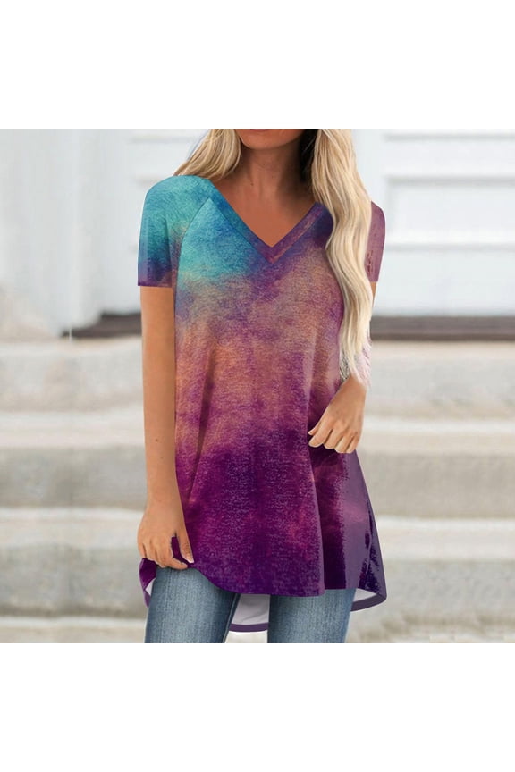 Women Tie Dye VNeck Shirts Summer Vintage Tunic Tops Fashion Casual Swing Short Sleeve Shirts Blouse Soft Tee,Purple,XL