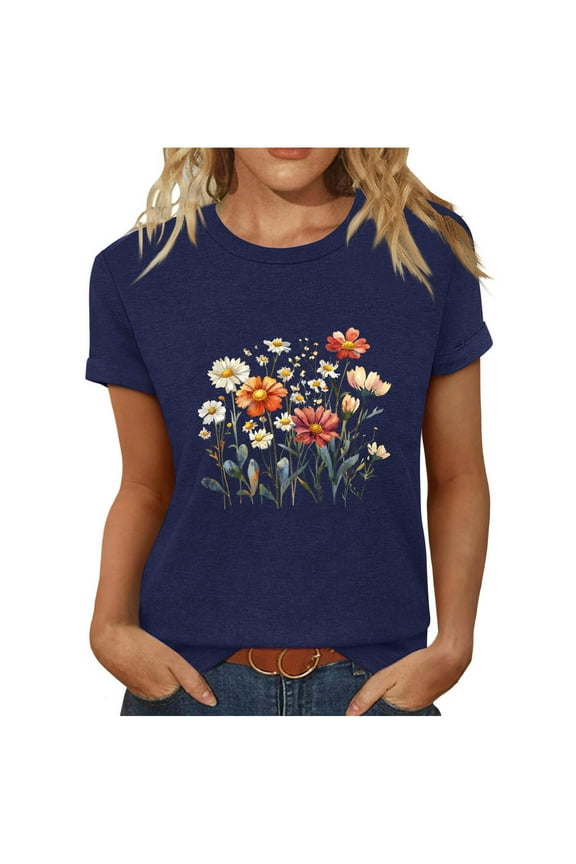 Women Vintage Flower Shirts Boho Wildflower TShirt Funny Nature Cottage Core Floral Short Sleeve Tops,Dark Blue,2XL