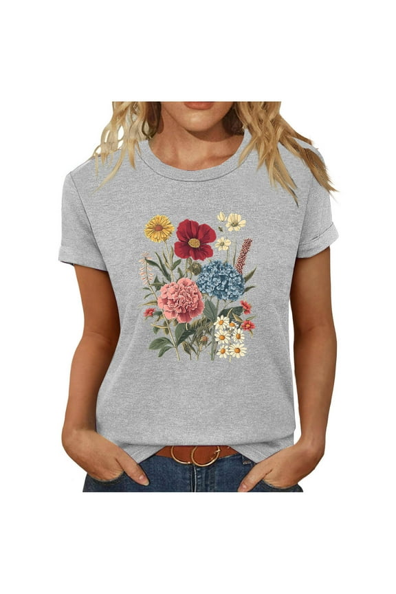 Women Vintage Flower Shirts Boho Wildflower TShirt Funny Nature Cottage Core Floral Short Sleeve Tops,Gray,M