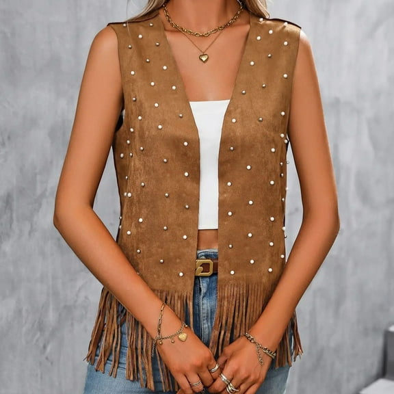 Pincandy Women Western Tassels Vest Tops 70s Hippie Faux Suede Fringe Vests Jacket Cardigan Open Front Rodeo Cowgirl Shirt