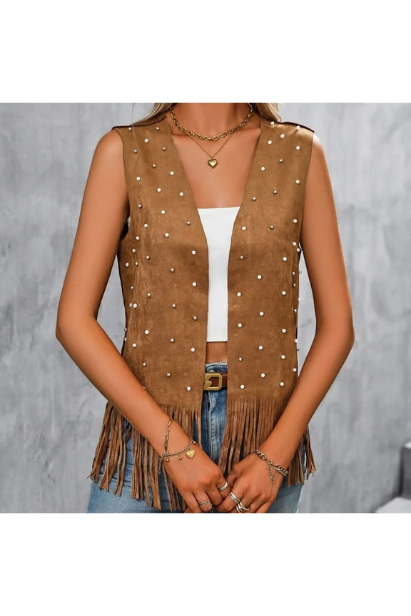 Women Western Tassels Vest Tops 70s Hippie Faux Suede Fringe Vests Jacket Cardigan Open Front Rodeo Cowgirl Shirt