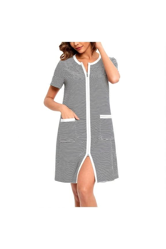 Women Zipper Front House Coat Short Sleeves Robe Zip Up Bathrobes Short Nightgown with Pockets