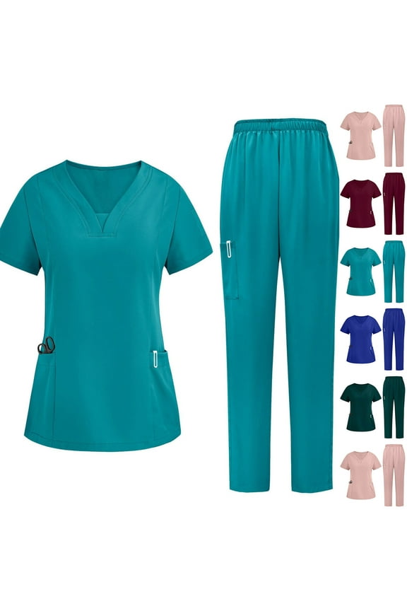 Women's 2 Piece Scrub Set with Pockets Short Sleeve V Neck Nurse Workwear Soft Stretchy Uniform Perfect for Hospital Shifts and Clinical Duties