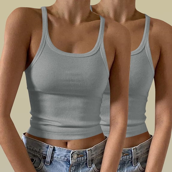 Pincandy Women's 2PC Sleeveless Tank Top Form Fitting Scoop Neck Ribbed Knit Basic Cami Shirts