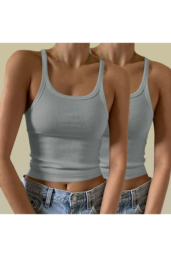 Women's 2PC Sleeveless Tank Top Form Fitting Scoop Neck Ribbed Knit Basic Cami Shirts